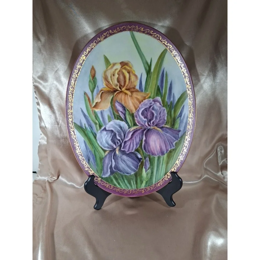Rey Mills Signed Hand Painted Iris Floral Porcelain Oval Platter Gold Filigree